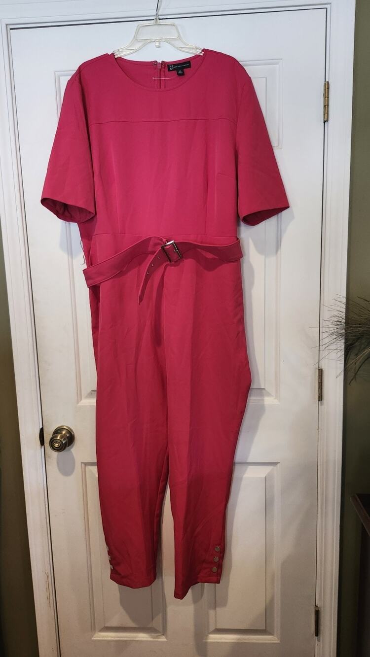 New York & Company Hot Pink Short-Sleeve Jumpsuit with Belt